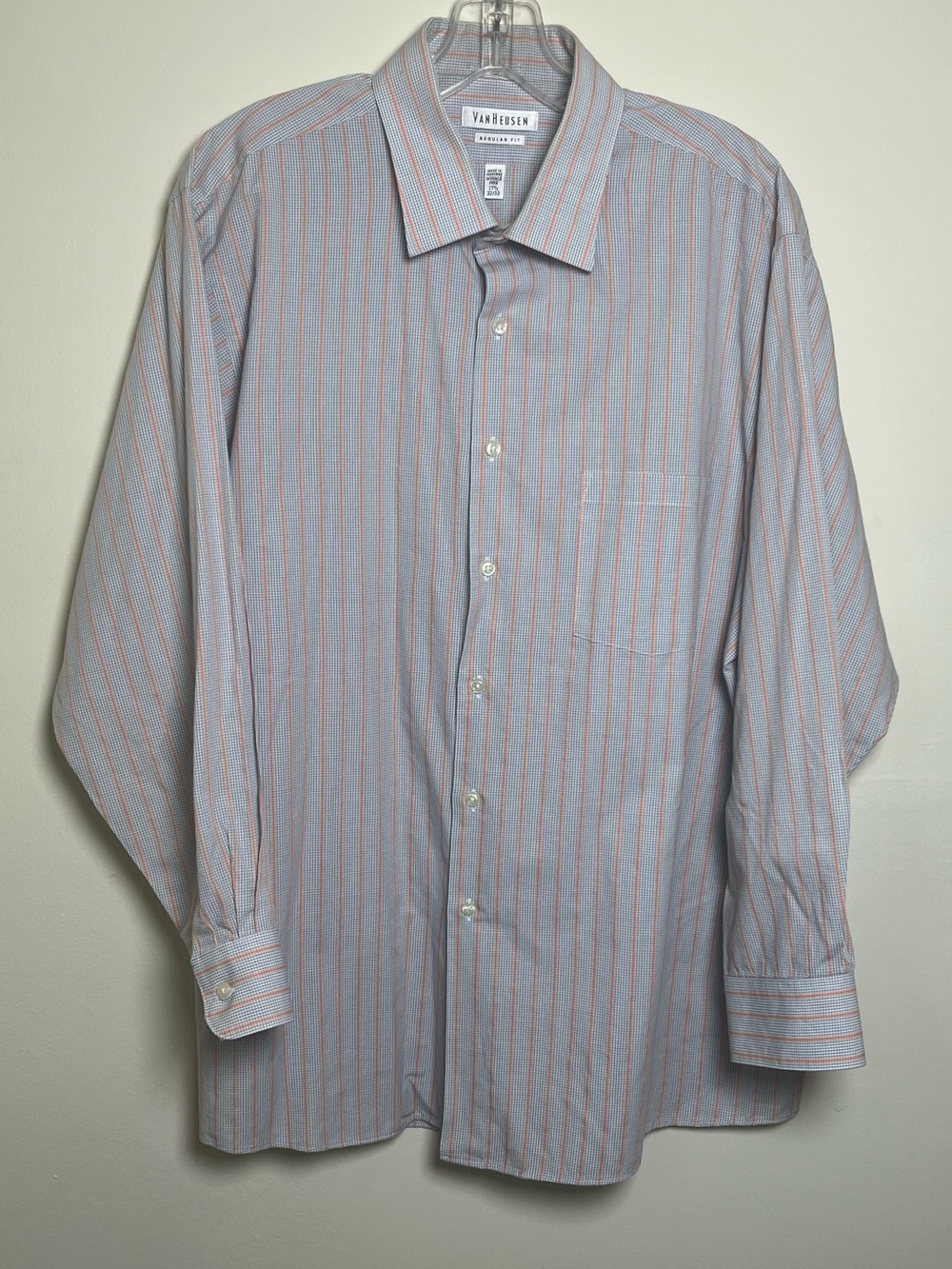 Van Heusen Men’s Light Blue Cotton Dress Shirt with Orange Pinstripes 17.5 32/33